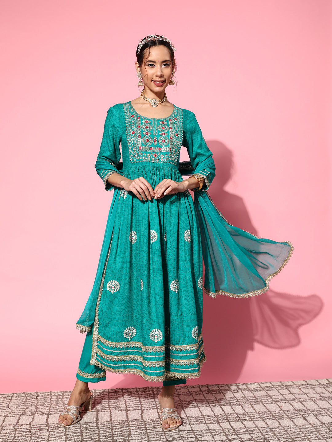 InWeave Women's Teal Nyra Cut Embroidered Kurta Set With Dupatta - Swadesiicart