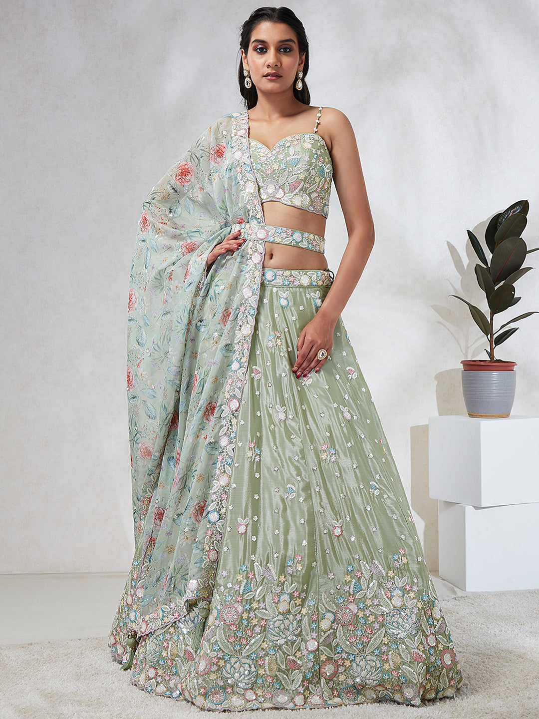 House of Panchhi Lime Green Chiffon Sequins And Thread Embroidery Lehenga Choli & Dupatta | Swadesiicart