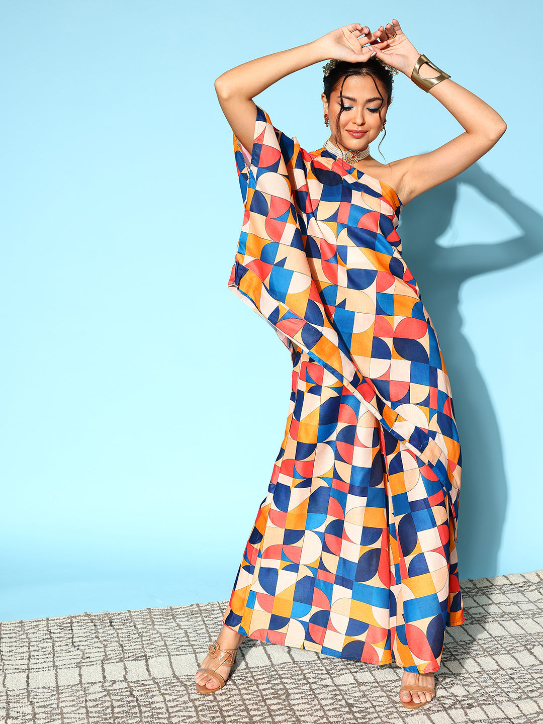 InWeave Women's Multi Geometric Print One Shoulder Top With Palazzo Set - Swadesiicart