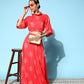 InWeave Women's Red Gold Printed Crop Top With Side Slit Skirt - Swadesiicart