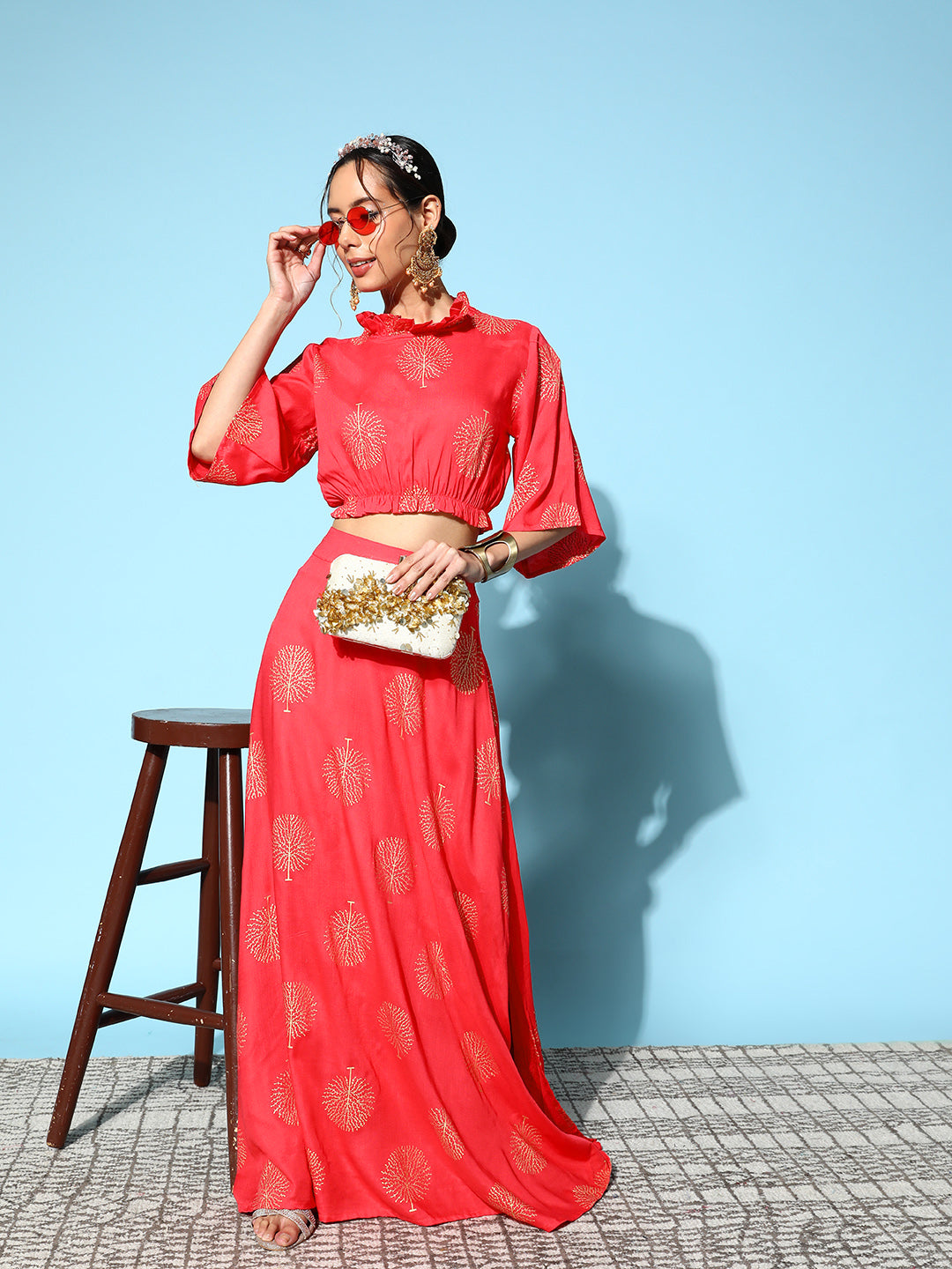 InWeave Women's Red Gold Printed Crop Top With Side Slit Skirt - Swadesiicart