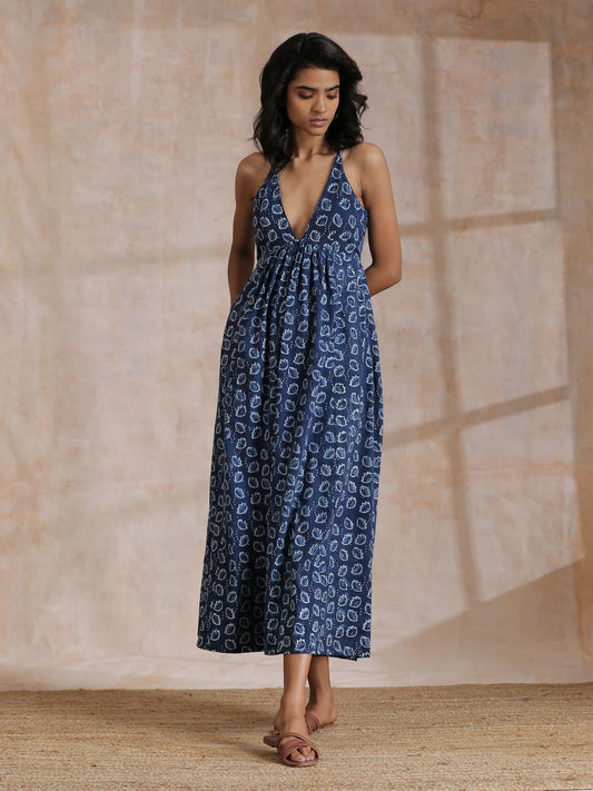 trueBrowns Indigo Dabu Floral Print Cotton Sleeveless Dress | Relove - Swadesiicart