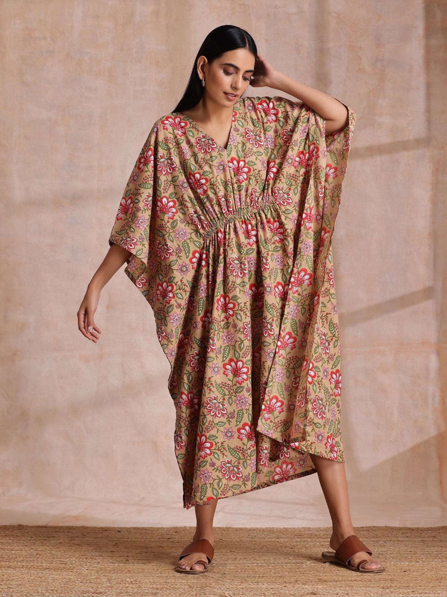 trueBrowns Beige Overall Big Floral Block Print Cotton Kaftan Dress | Swadesiicart