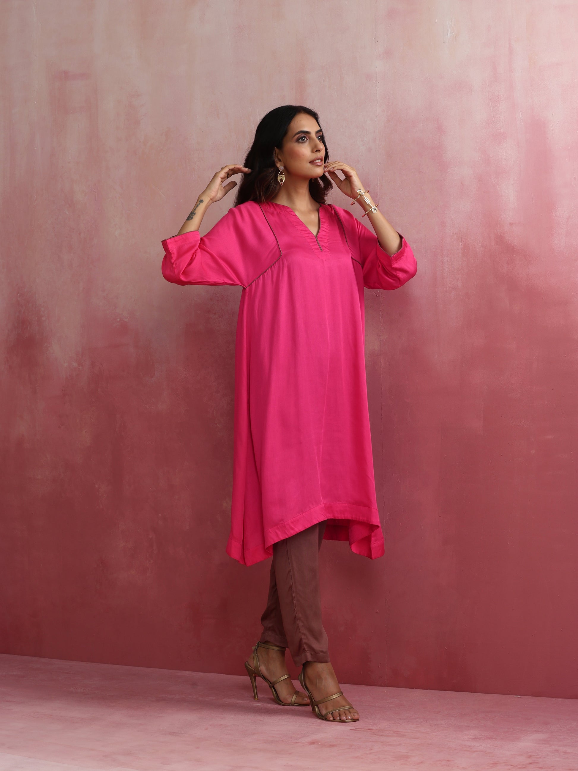 trueBrowns Pink Modal Kimono Kurta Set - Swadesiicart