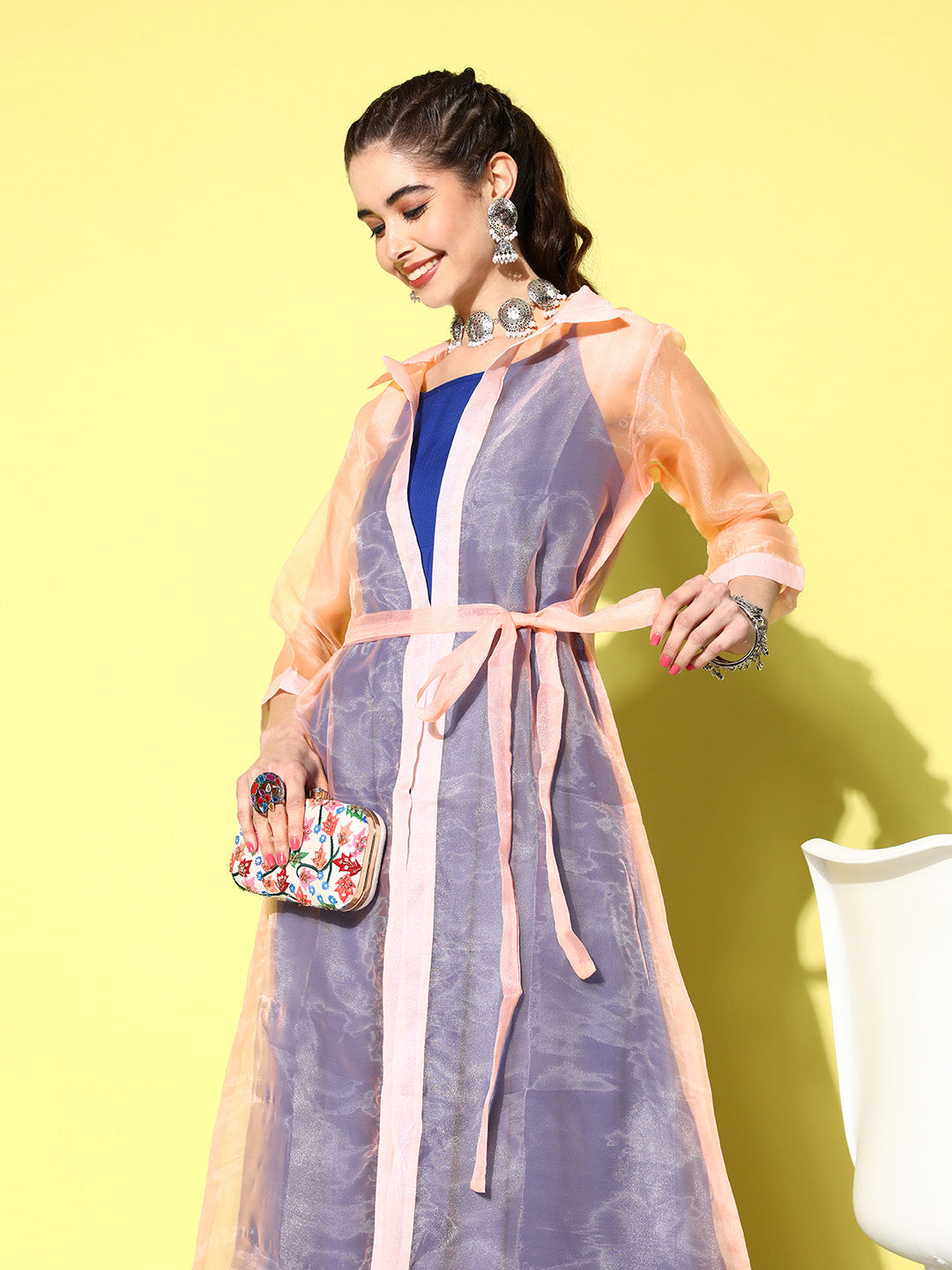 InWeave Women's Ink Blue Strappy Kurta Set With Peach Organza Cape - Swadesiicart