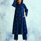 trueBrowns Blue Embroidered Velvet Puff Sleeve Kurta | Swadesiicart