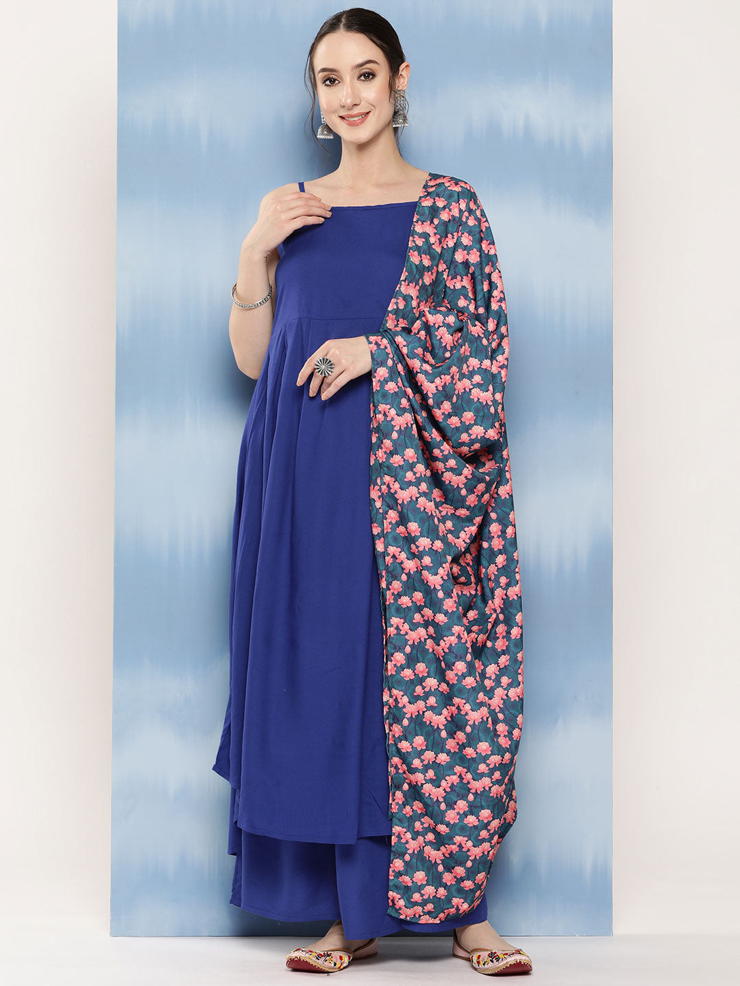 InWeave Women's Ink Blue Strappy Set With Navy Pink Lotus Cr Dupatta - Swadesiicart