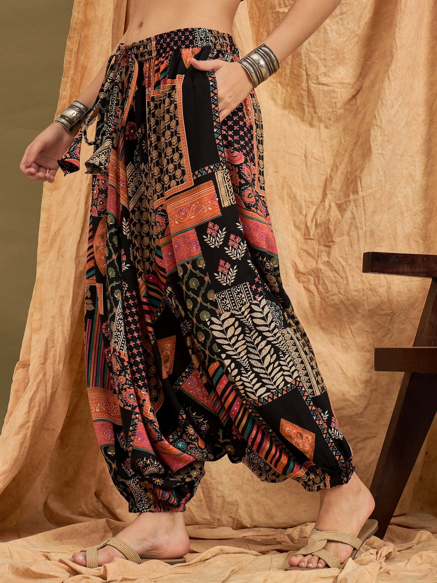 InWeave Black Multi Ethnic Harem Pant - Swadesiicart