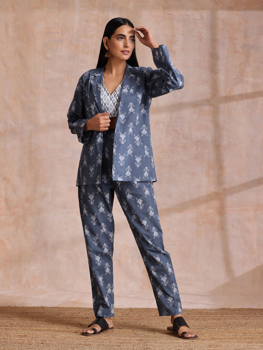 trueBrowns Grey On Grey Ikat Print Cotton Pant Suit Set | Swadesiicart