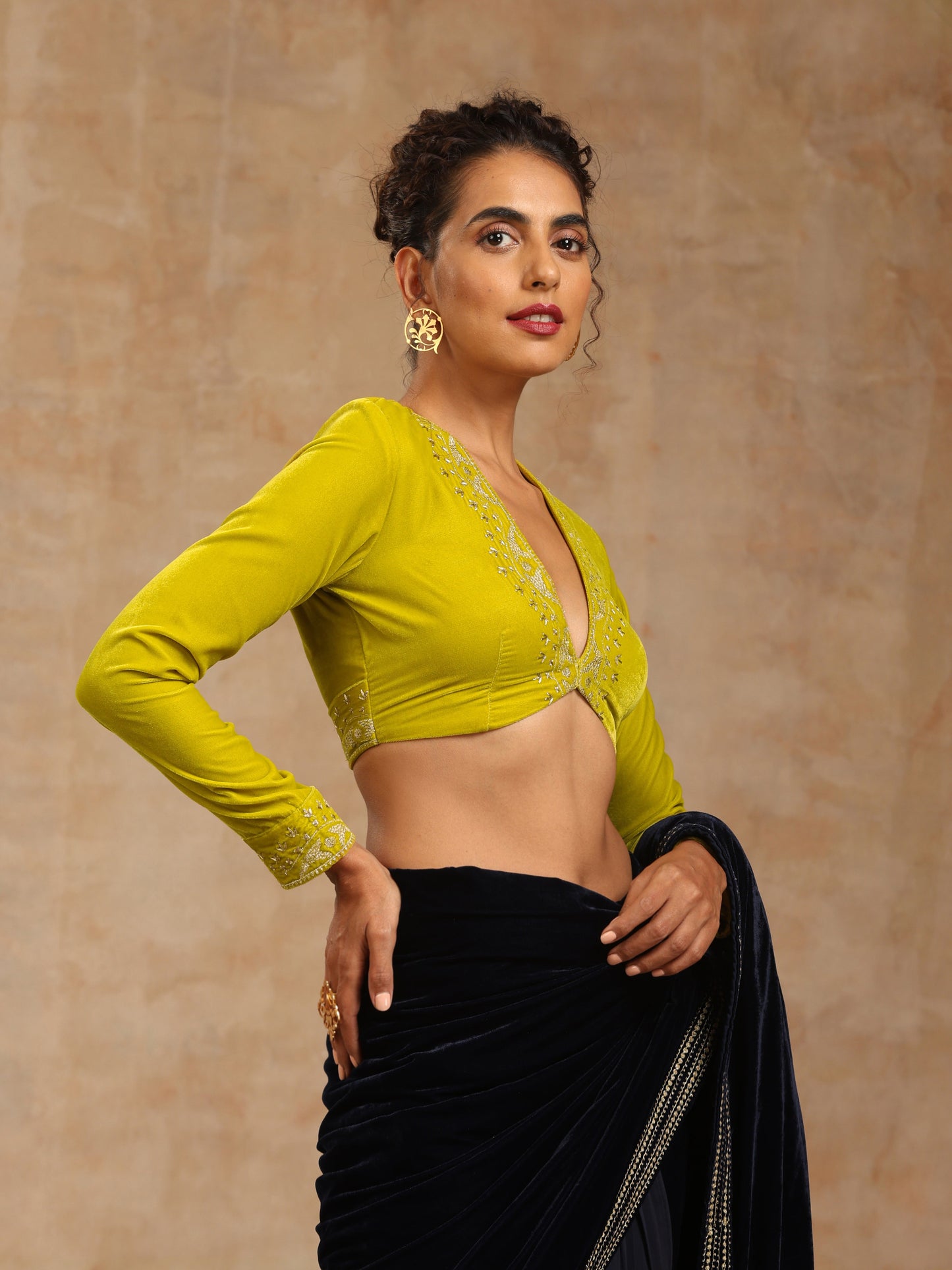 trueBrowns Lime Velvet Embroidered Blouse | Swadesiicart