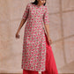 trueBrowns Pink Brown Overall Floral On White Block Print Cotton Slit Kurta Pant Set | Swadesiicart