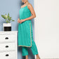 InWeave Women's Teal Lace Work Straight Strappy Kurta Set With Lime Green Chiffon Dupatta - Swadesiicart