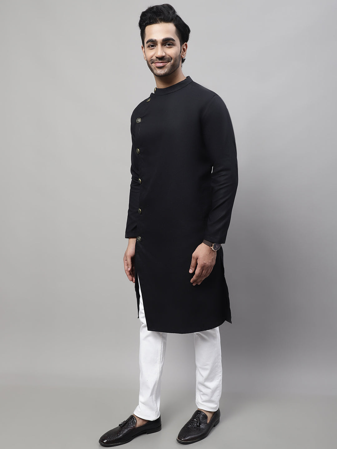 Even Apparels Black Sherwani Kurta With Asymetrical Cut | Swadesiicart