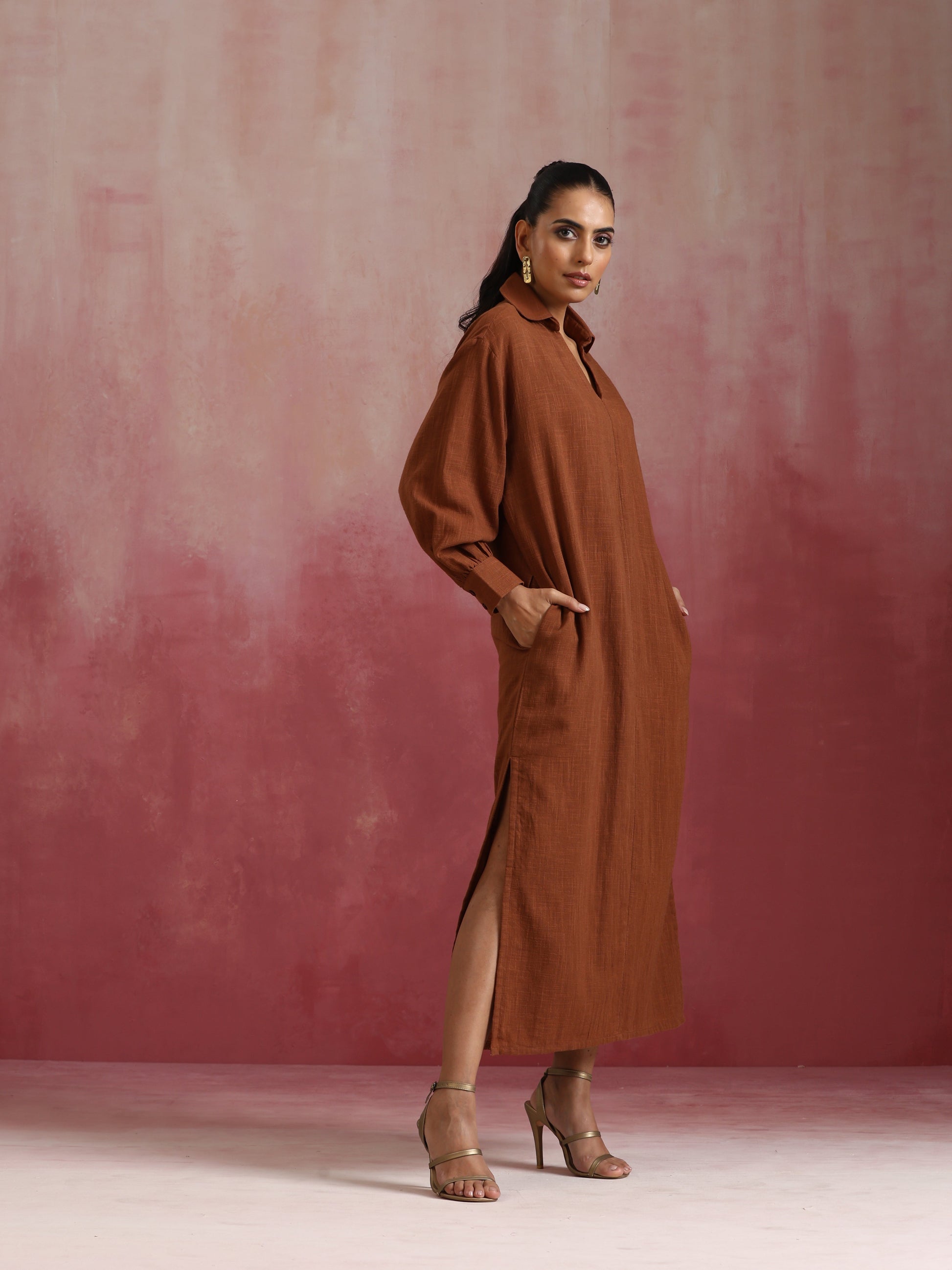 trueBrowns Brown Cotton Dobby Dress | Swadesiicart