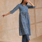 trueBrowns Indigo Dabu Zig-Zag Lines Print Cotton Flared Kurta Pant Set | Swadesiicart