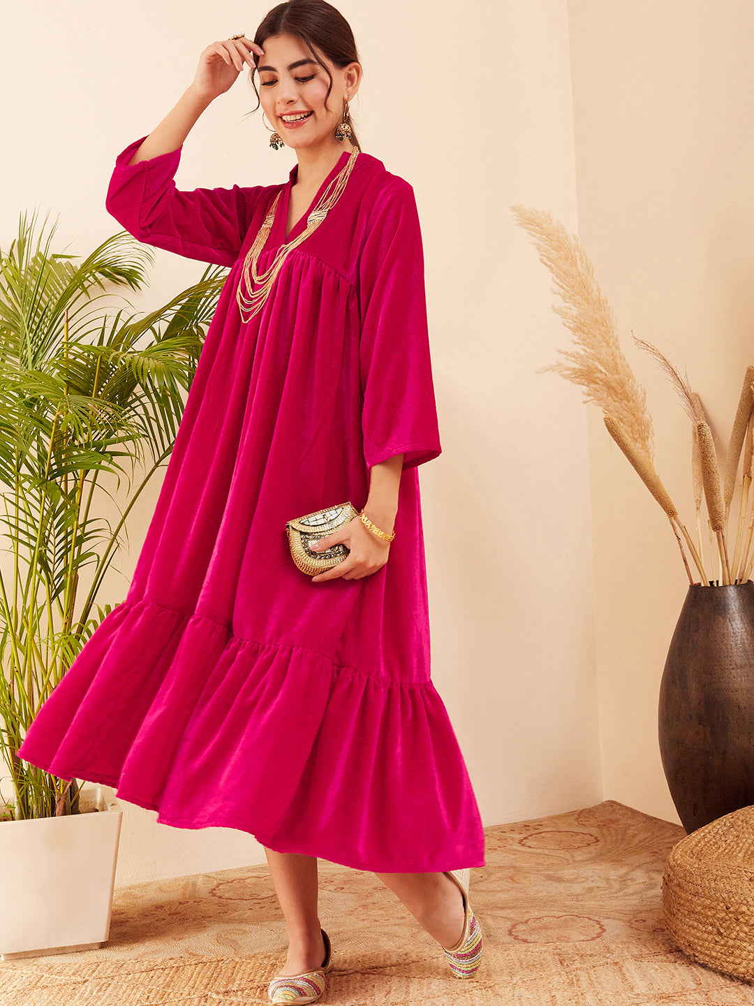 InWeave Women's Fuchsia Velvet Manderia V Neck Flared Dress - Swadesiicart