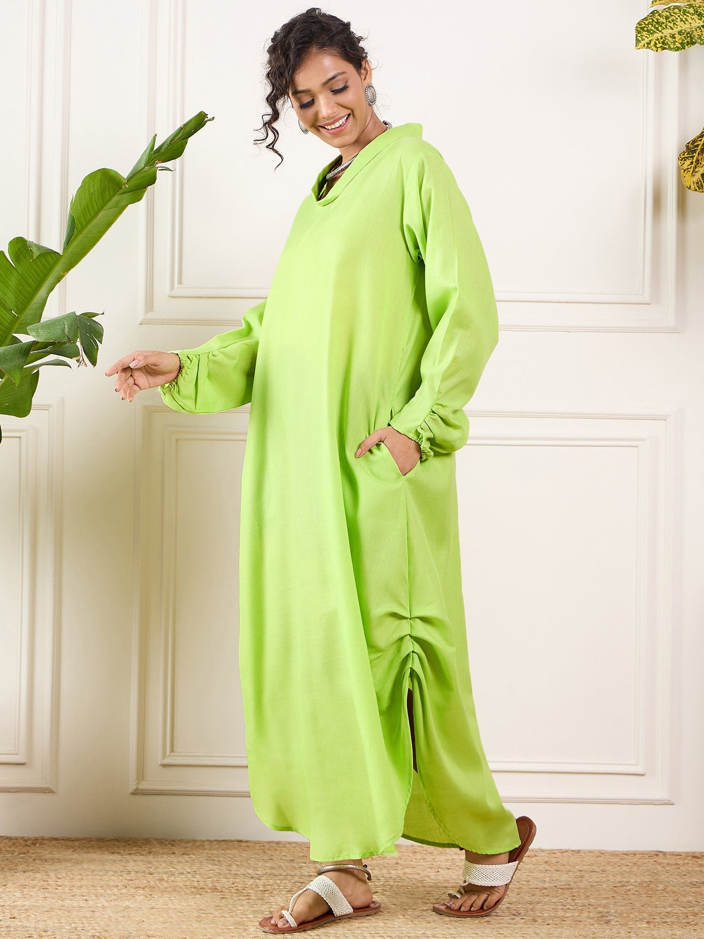 InWeave Neon Green Shawl Neck Long Side Pleat Dress - Swadesiicart