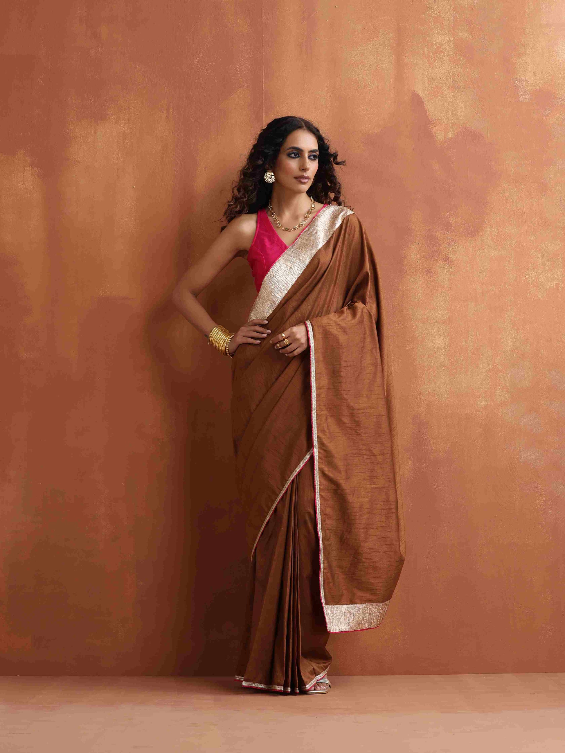 trueBrowns Brown Silk Ready To Wear Saree | Swadesiicart