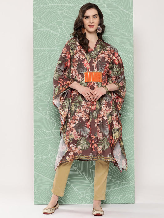Ahalyaa Women Floral Printed Flared Sleeves Gotta Patti Crepe Kaftan Kurta | Swadesiicart