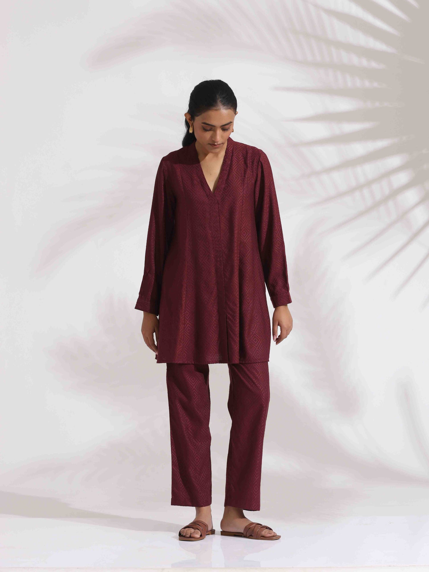 trueBrowns Maroon Dobby Co-ord Set - Swadesiicart