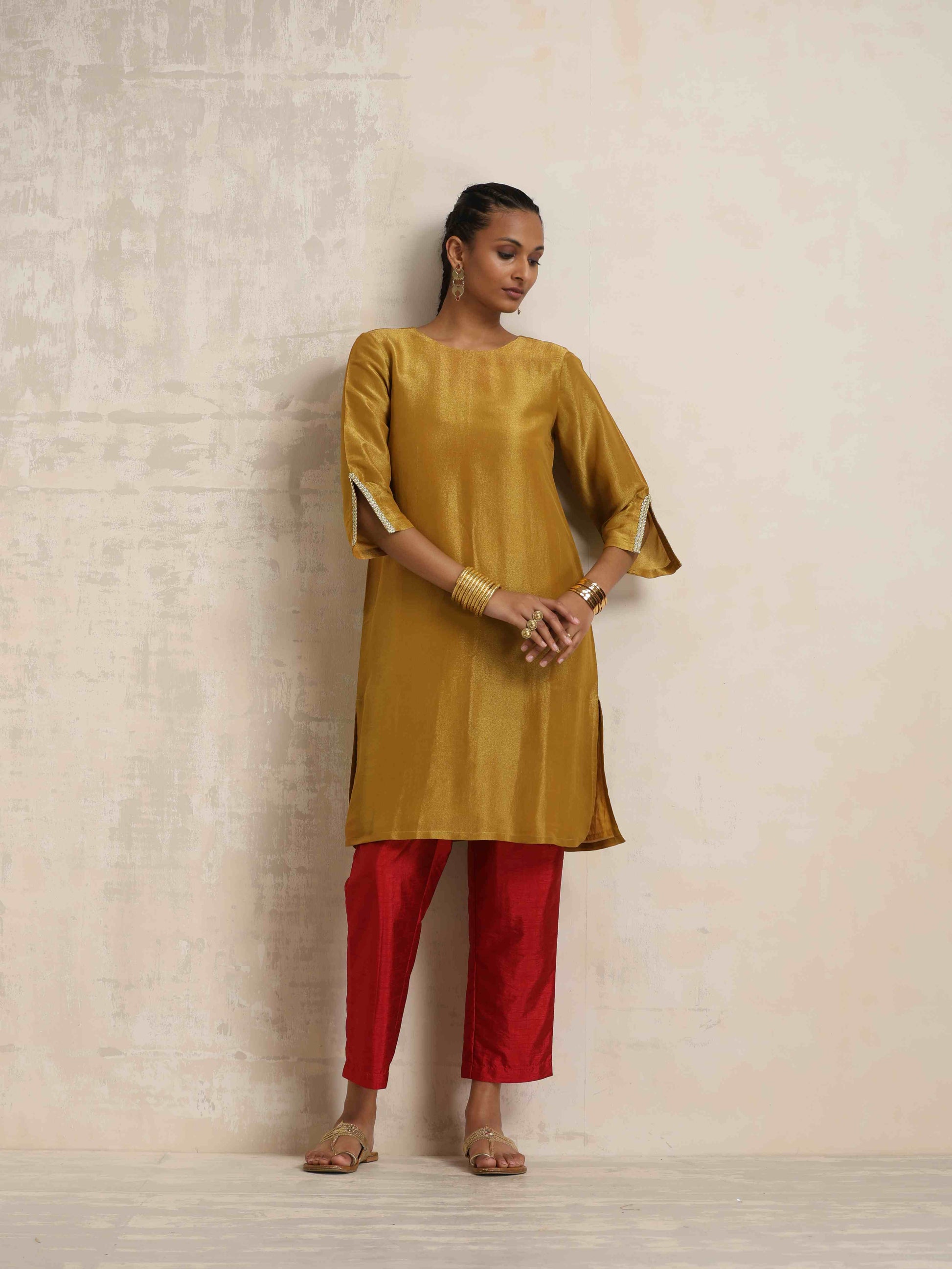 trueBrowns Gold Tissue Kurta Co-ord Set - Swadesiicart