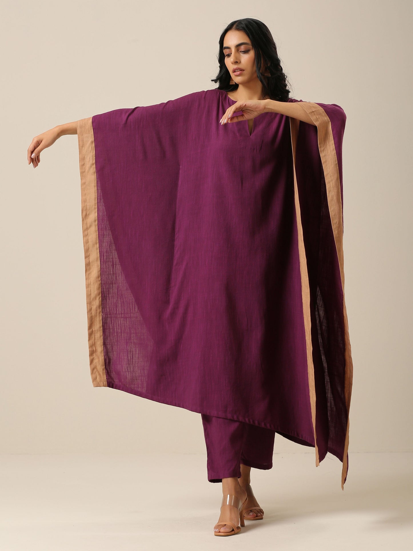 trueBrowns Plum Purple Slub Texture High Low Kaftan Pant Set | Swadesiicart