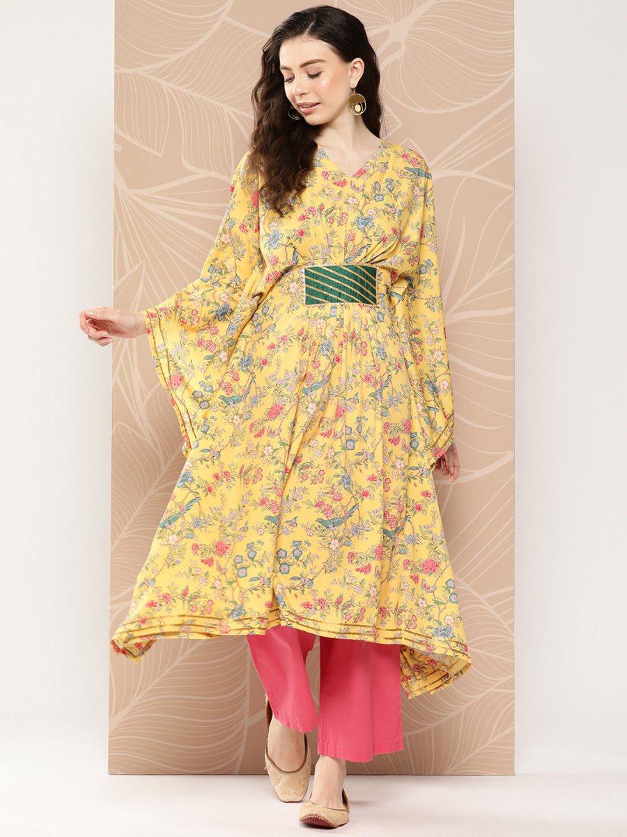 Ahalyaa Women Floral Printed Flared Sleeves Gotta Patti Floral Crepe Kaftan Kurta | Swadesiicart