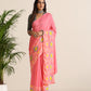 trueBrowns Pink Lime Muslin Ikat Saree | Swadesiicart