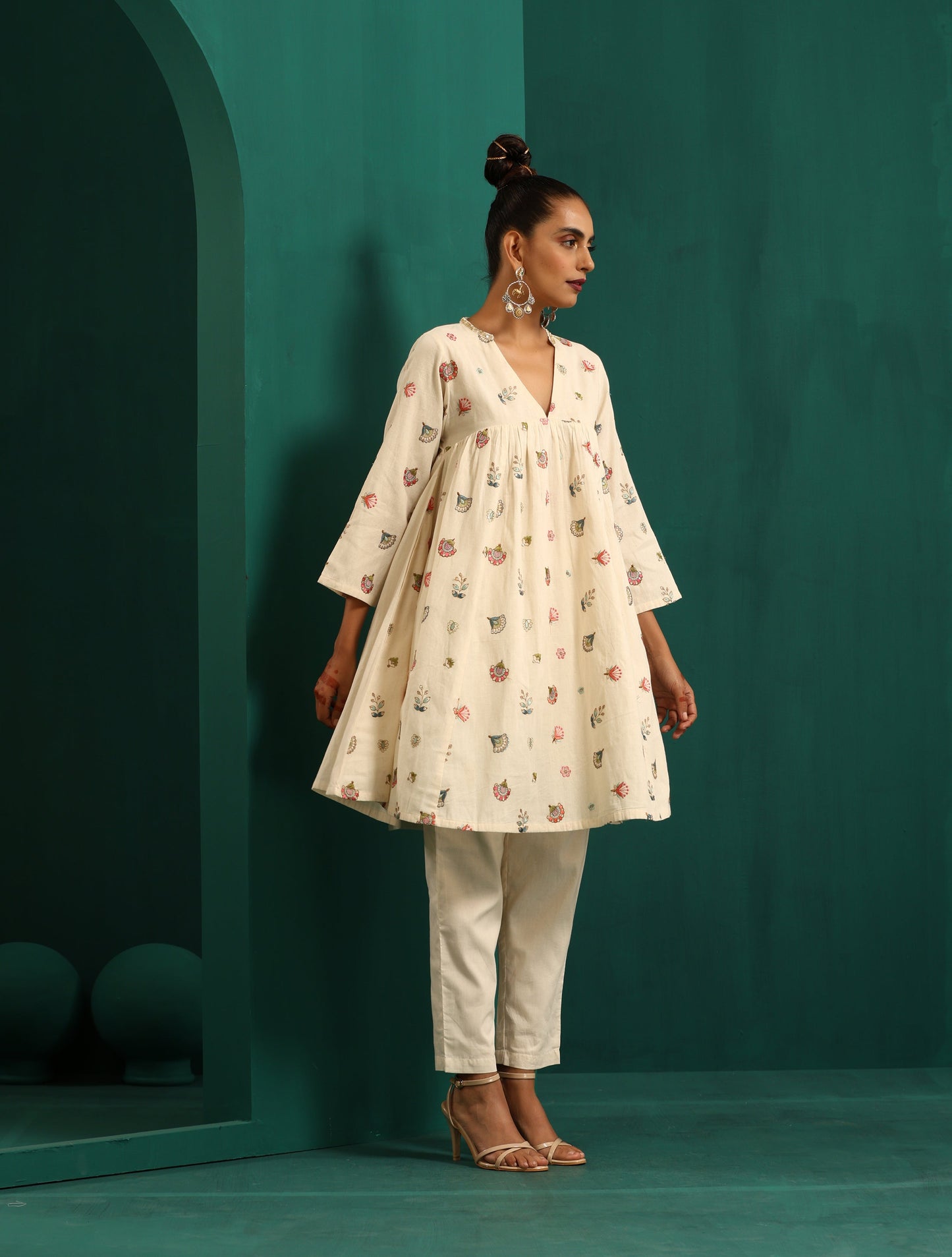 trueBrowns Ivory Multi Color Cotton Yoke Gathered Co-ord Set - Swadesiicart