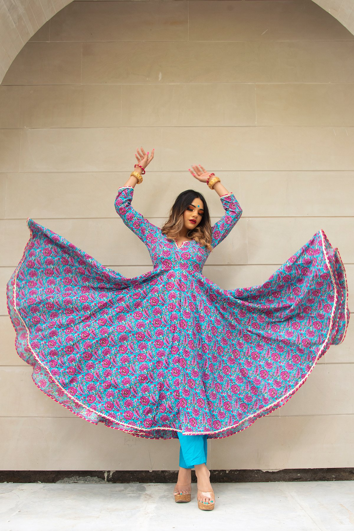Pomcha Jaipur Chitra Hand Block Cotton Anarkali Set | Swadesiicart