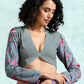 trueBrowns Grey Printed Sleeve Velvet Blouse | Swadesiicart
