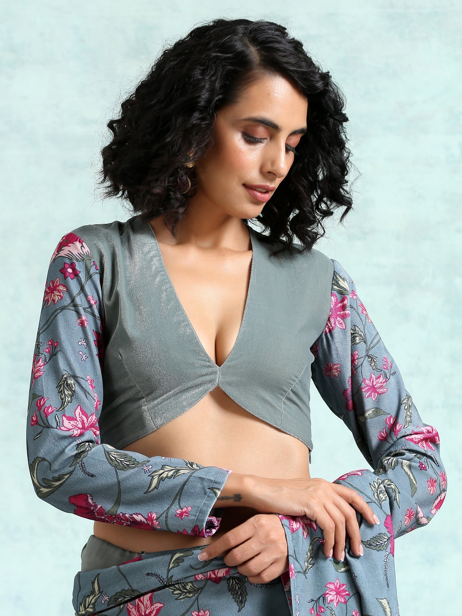 trueBrowns Grey Printed Sleeve Velvet Blouse | Swadesiicart