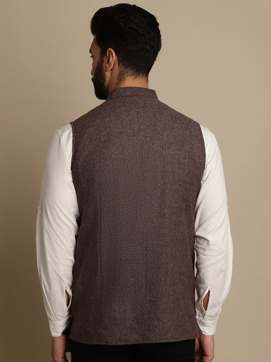 Even Apparels Men's Brown Mandarin Collar Waistcoat | Swadesiicart