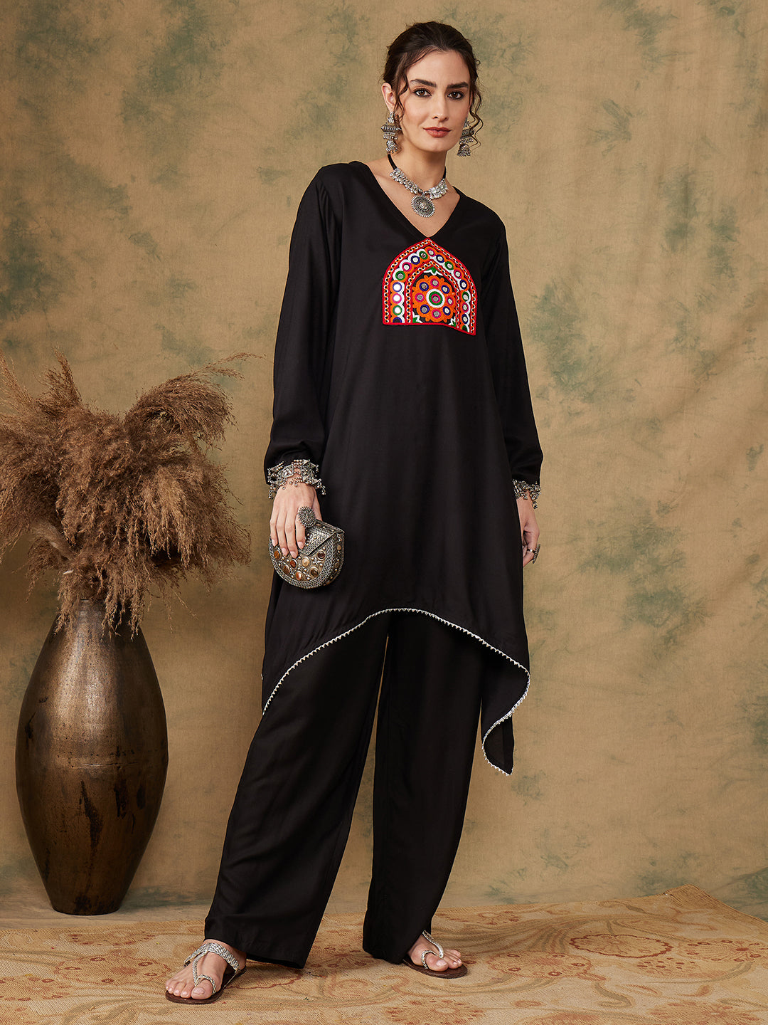 InWeave Women's Black Trangle Maroon Patch Work Assymentrical Kurta Set - Swadesiicart