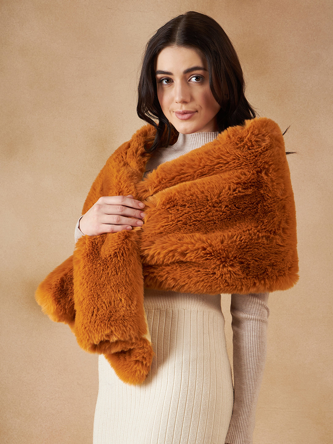 InWeave Women's Carrot Orange Long Faux Fur Cape - Swadesiicart