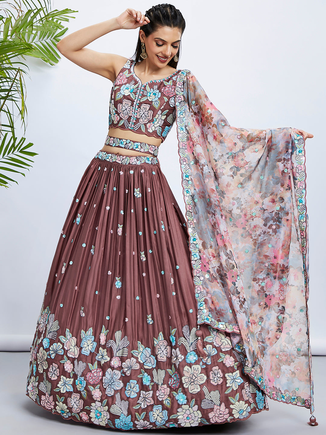 House of Panchhi Rose Gold Pure Georgette Sequins And Thread Embroidery Lehenga Choli & Dupatta | Swadesiicart