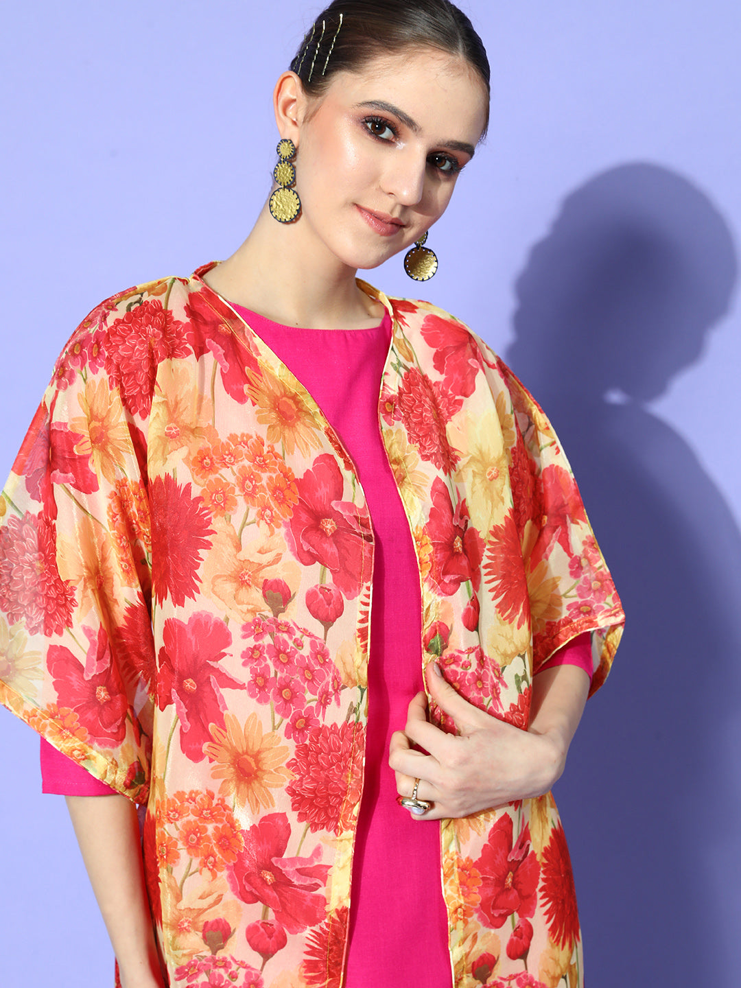 InWeave Women's Red Mustard Chintz Long Organza Cape - Swadesiicart