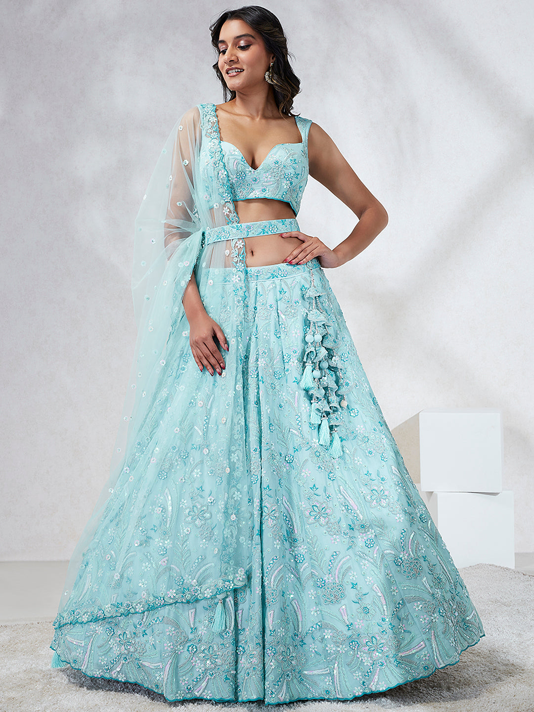 House of Panchhi Turquoise Blue Georgette Sequins And Thread Embroidery Lehenga Choli & Dupatta | Swadesiicart
