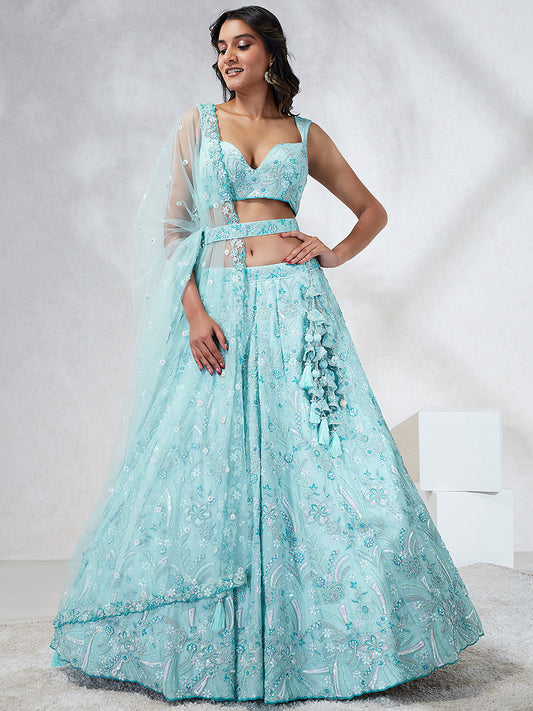 House of Panchhi Turquoise Blue Georgette Sequins And Thread Embroidery Lehenga Choli & Dupatta | Swadesiicart