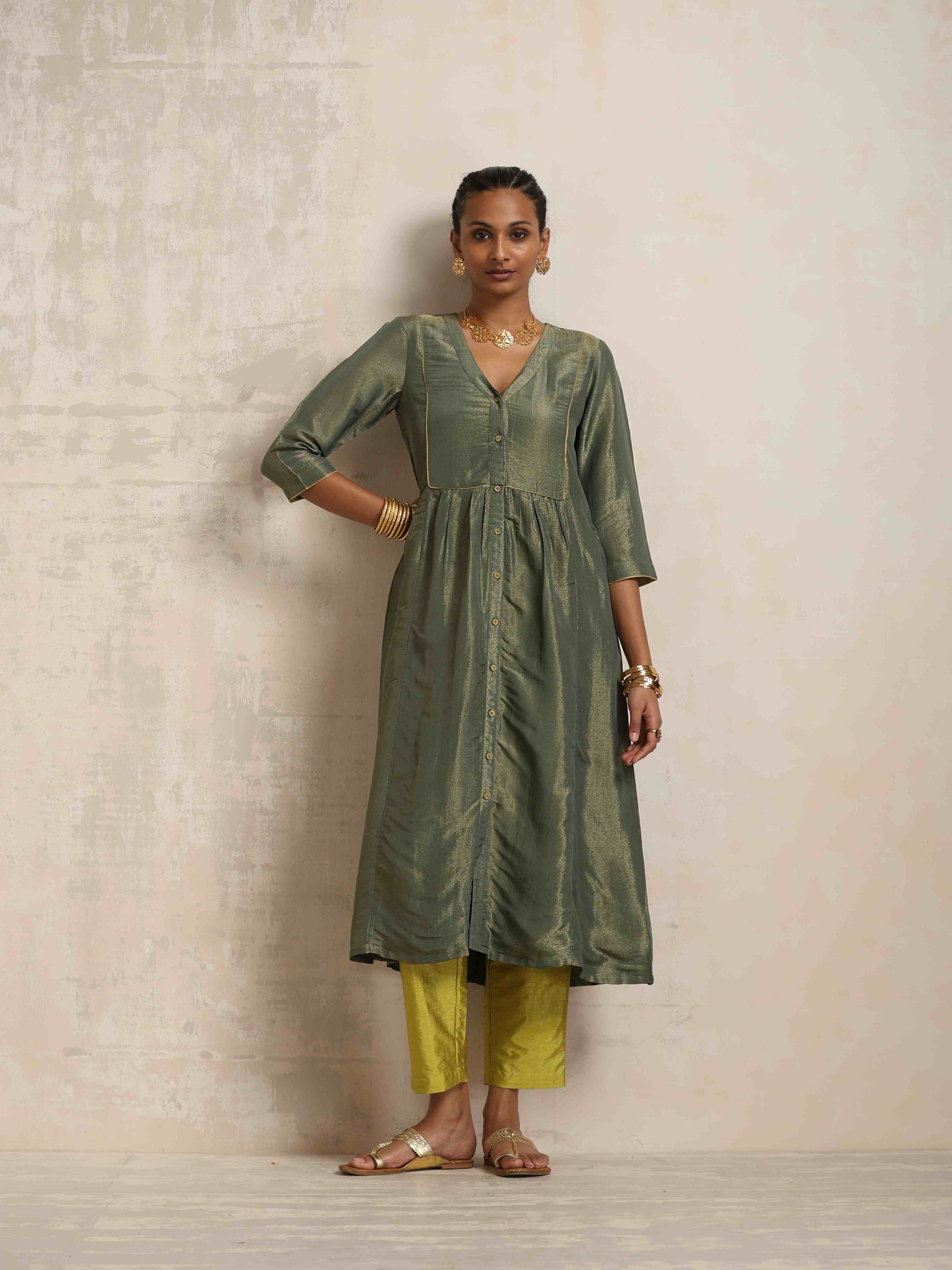 trueBrowns Green Tissue A-line Kurta Set | Swadesiicart