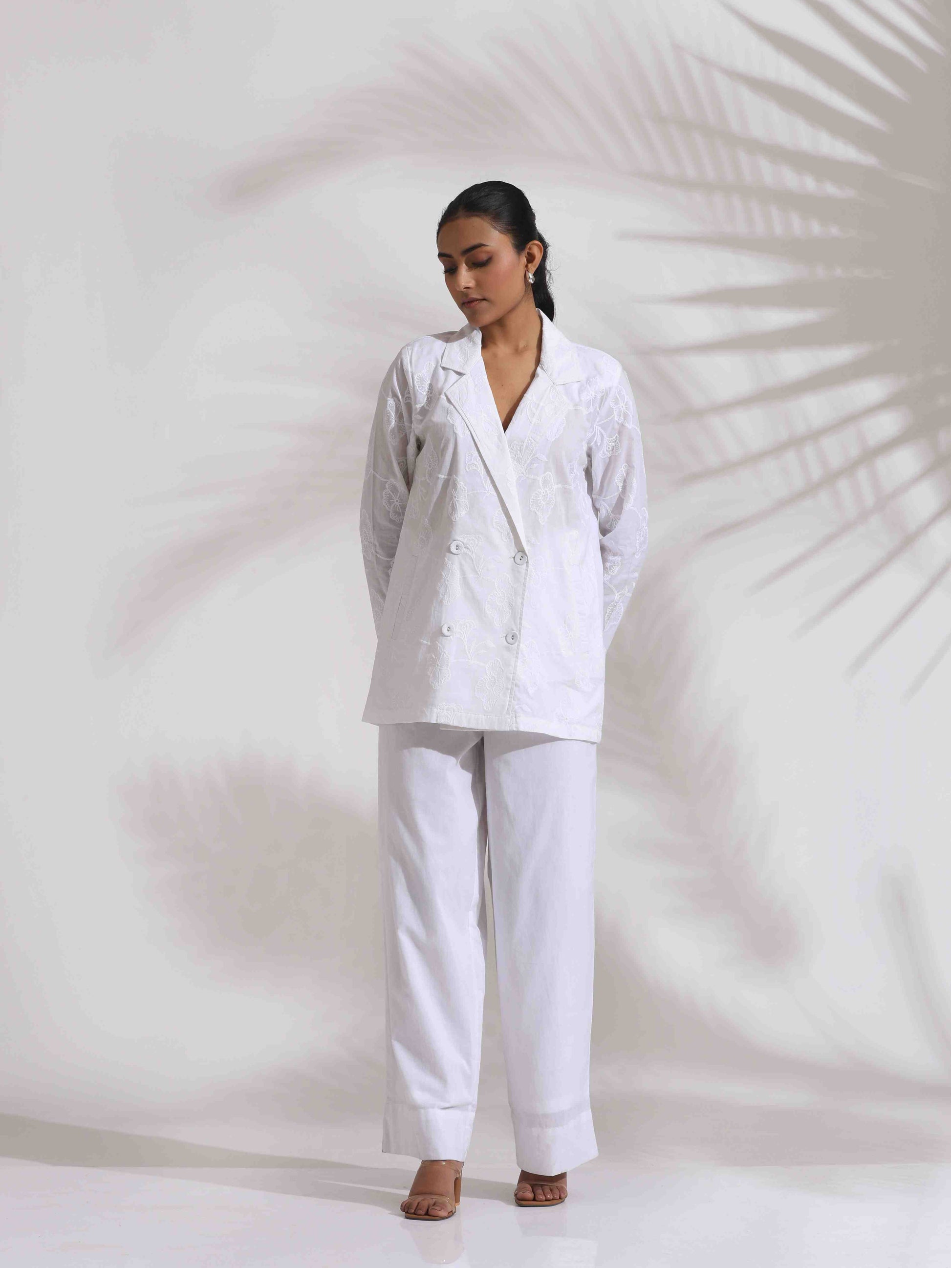 trueBrowns White Cotton Schiffli Jacket Co-ord Set - Swadesiicart