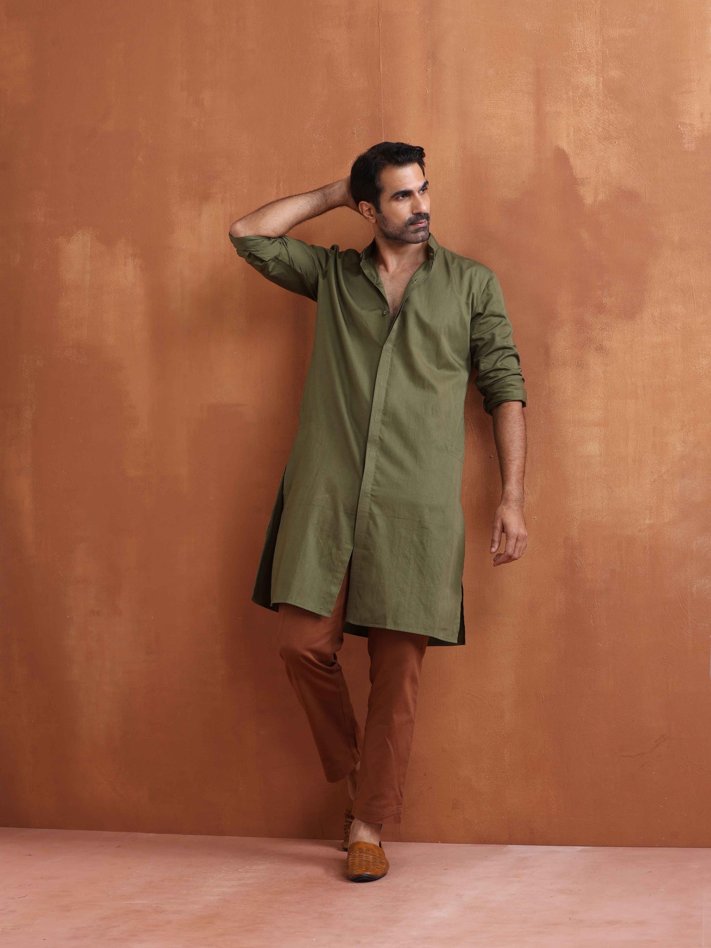 trueBrowns Men's Olive Green Cotton Front Open Kurta | Swadesiicart
