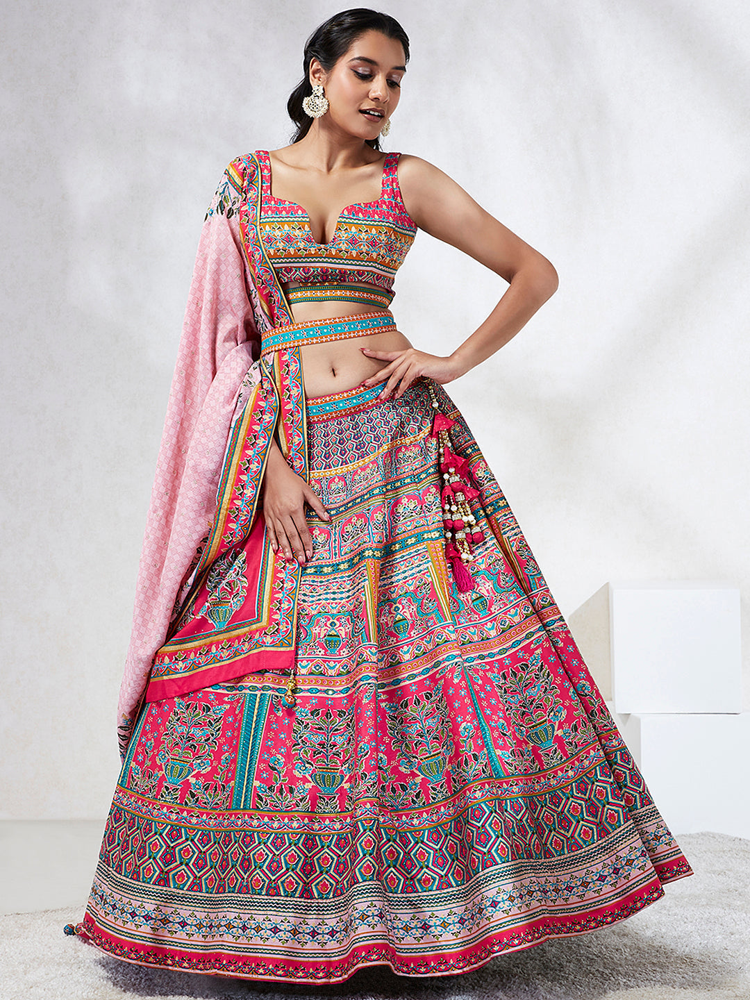 House of Panchhi Pink Pure Georgette Position Printing With Siroski Stone Work Lehenga Choli & Dupatta | Swadesiicart