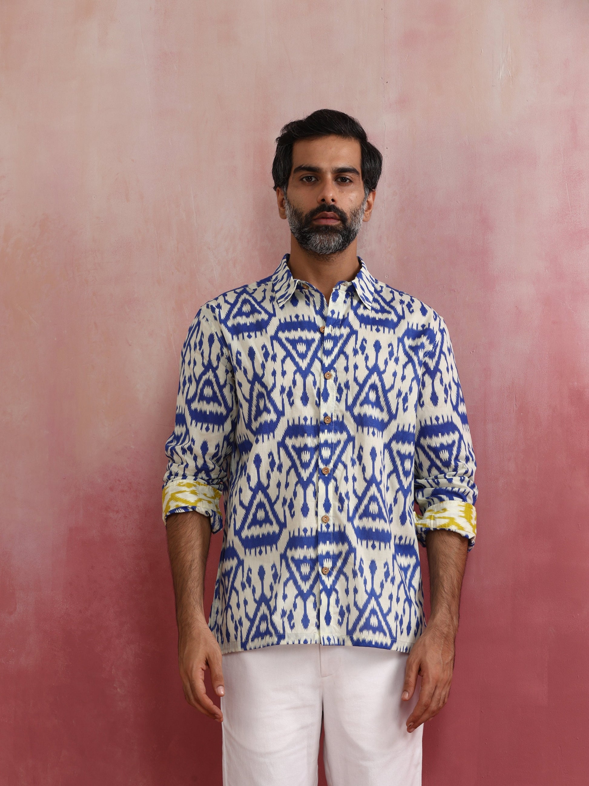trueBrowns Men's Blue Ikat Print Cambric Shirt | Swadesiicart