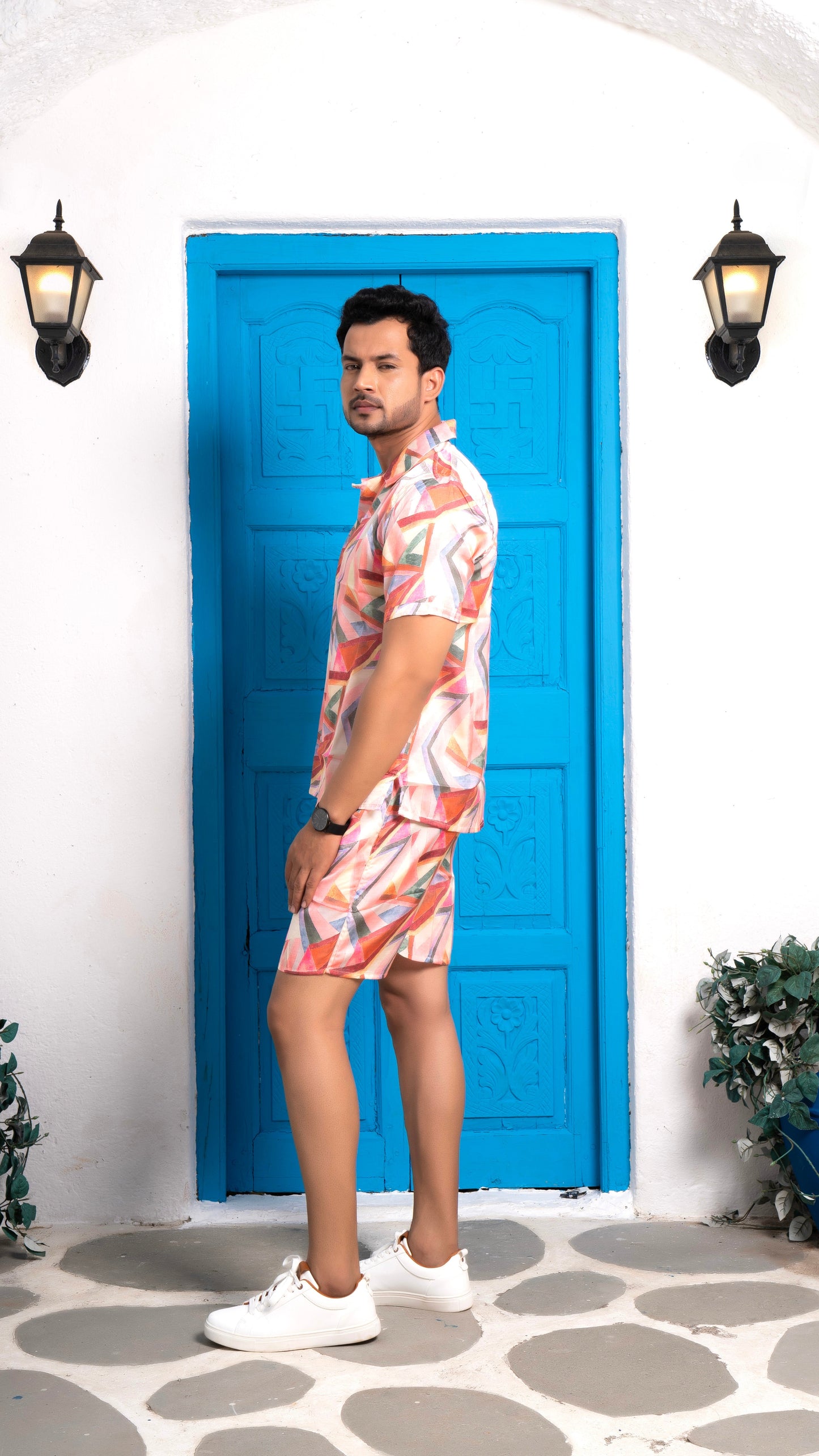 Noroke Sustainable fabric | Linen Satin Linen Geometric Co-ord Set Men - Swadesiicart