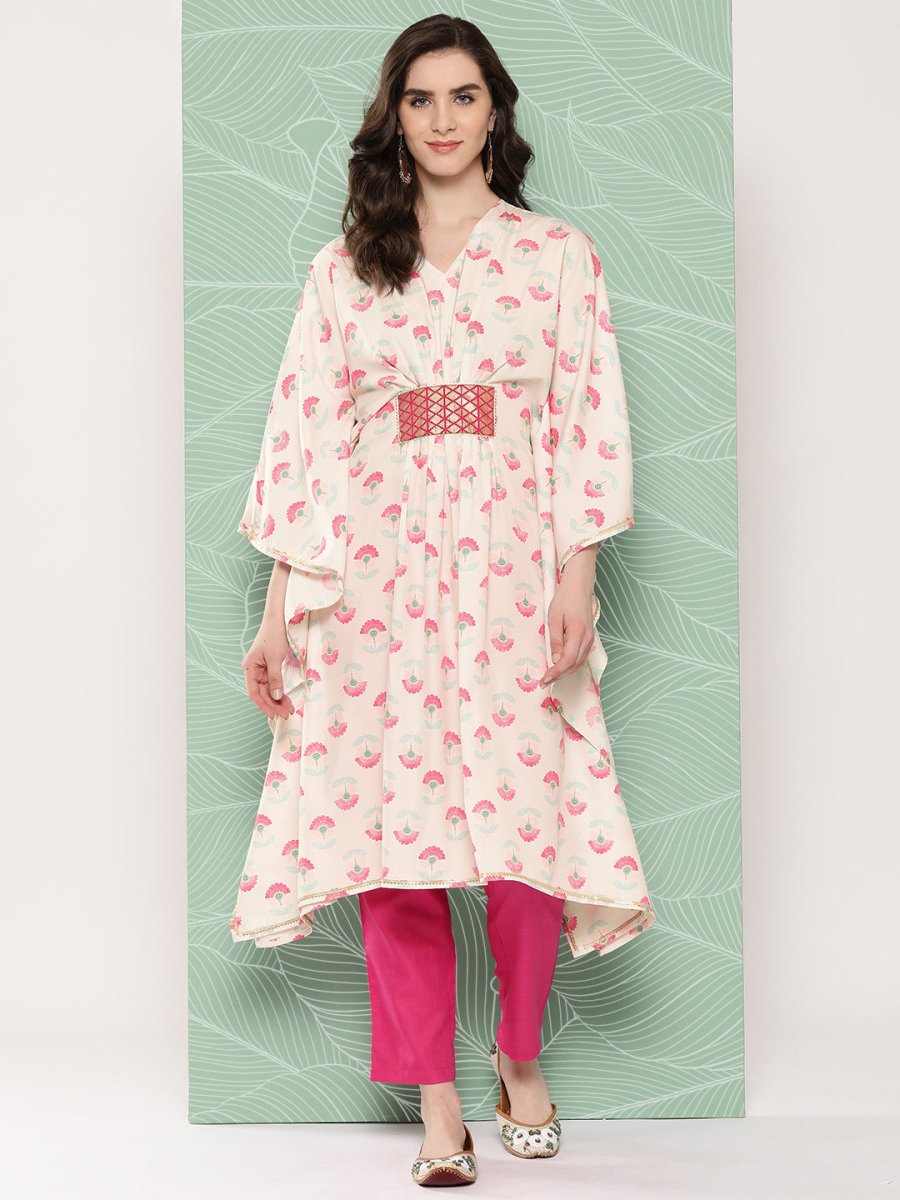 Ahalyaa Women Floral Printed Flared Sleeves Gotta Patti Crepe Kaftan Kurta | Swadesiicart