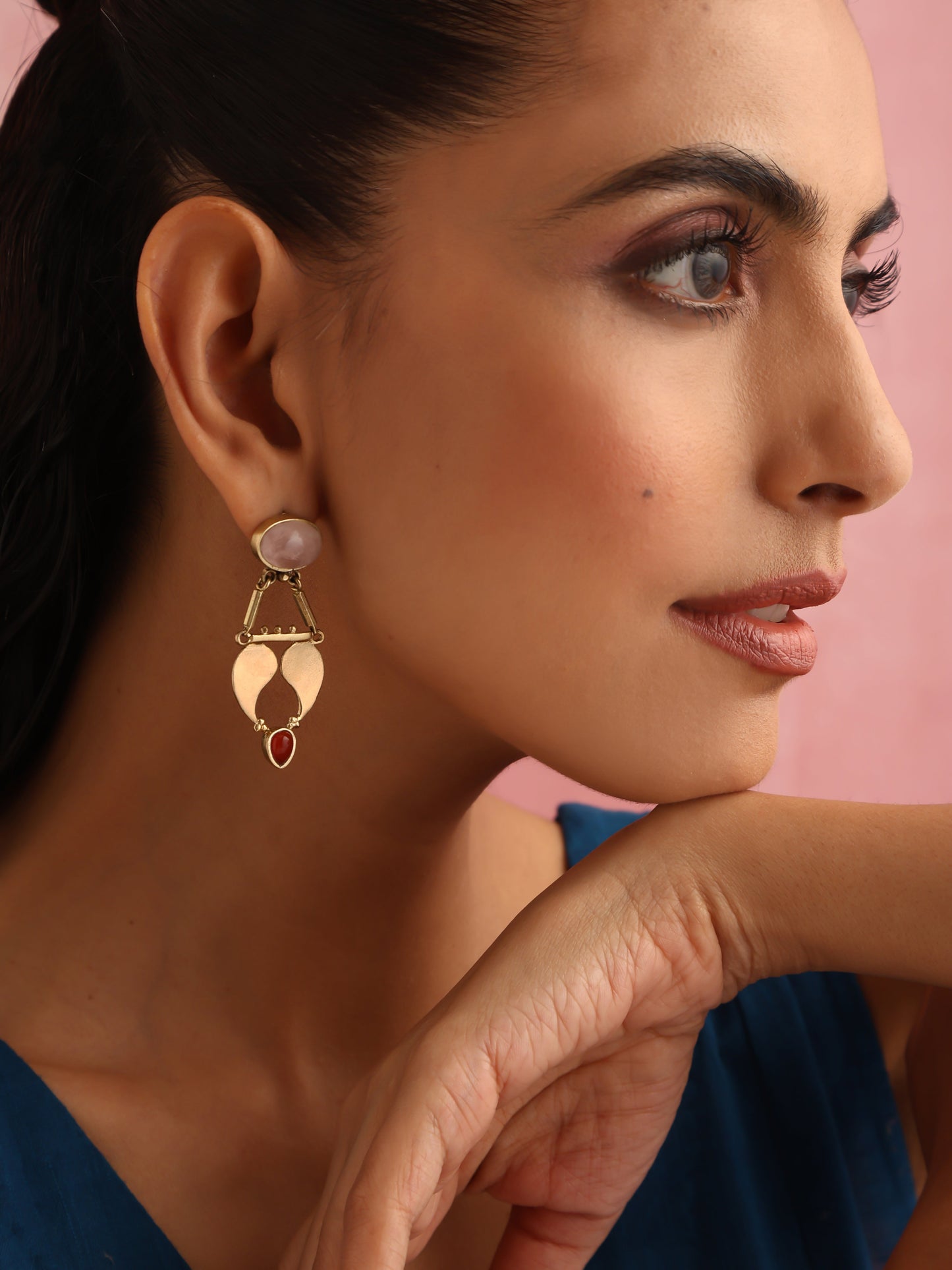trueBrowns Brass Pink Stone Paisley Earrings - Swadesiicart