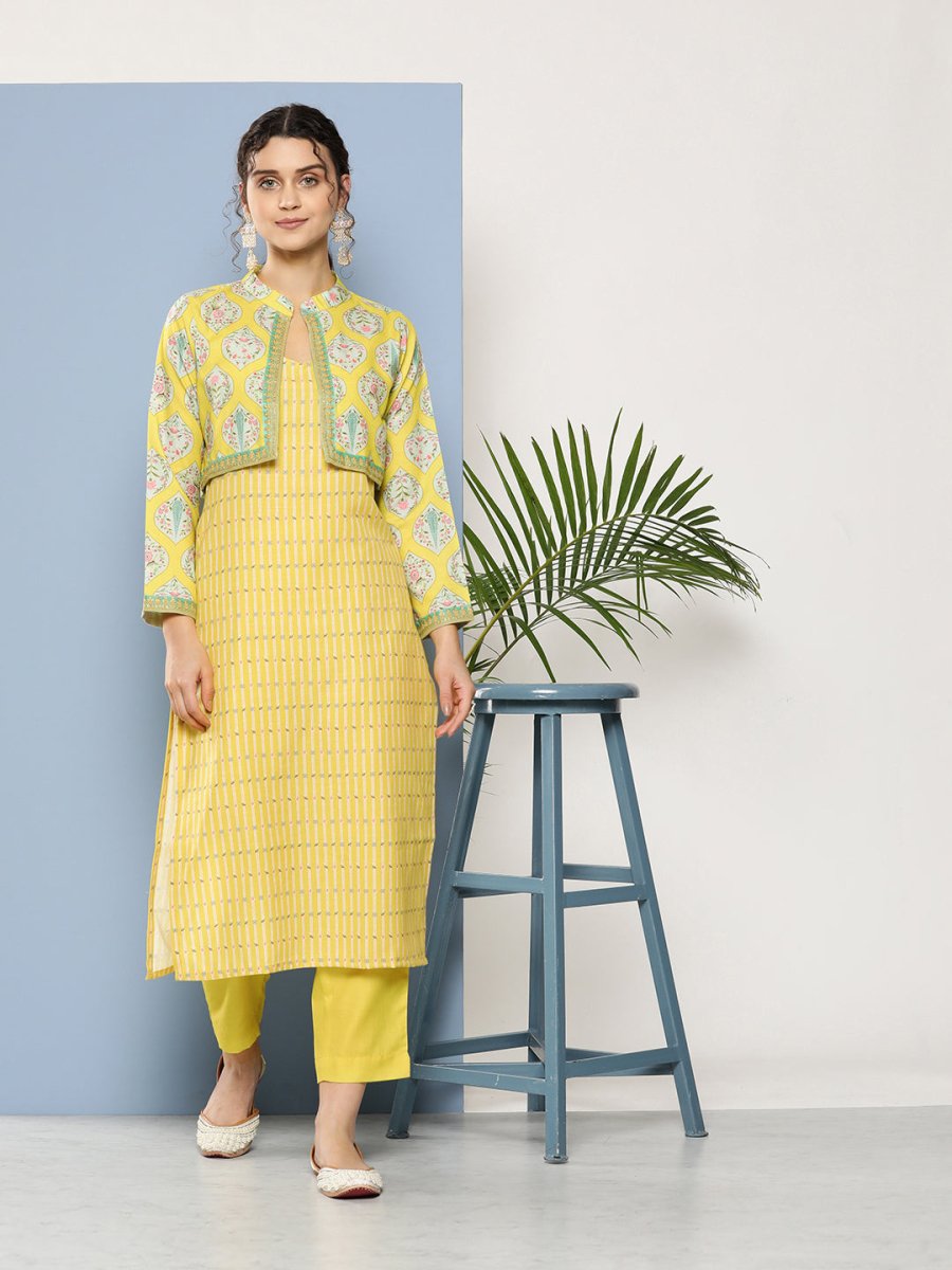 Ahalyaa Women Yellow Floral Printed Kurta with Trousers & Jacket | Swadesiicart