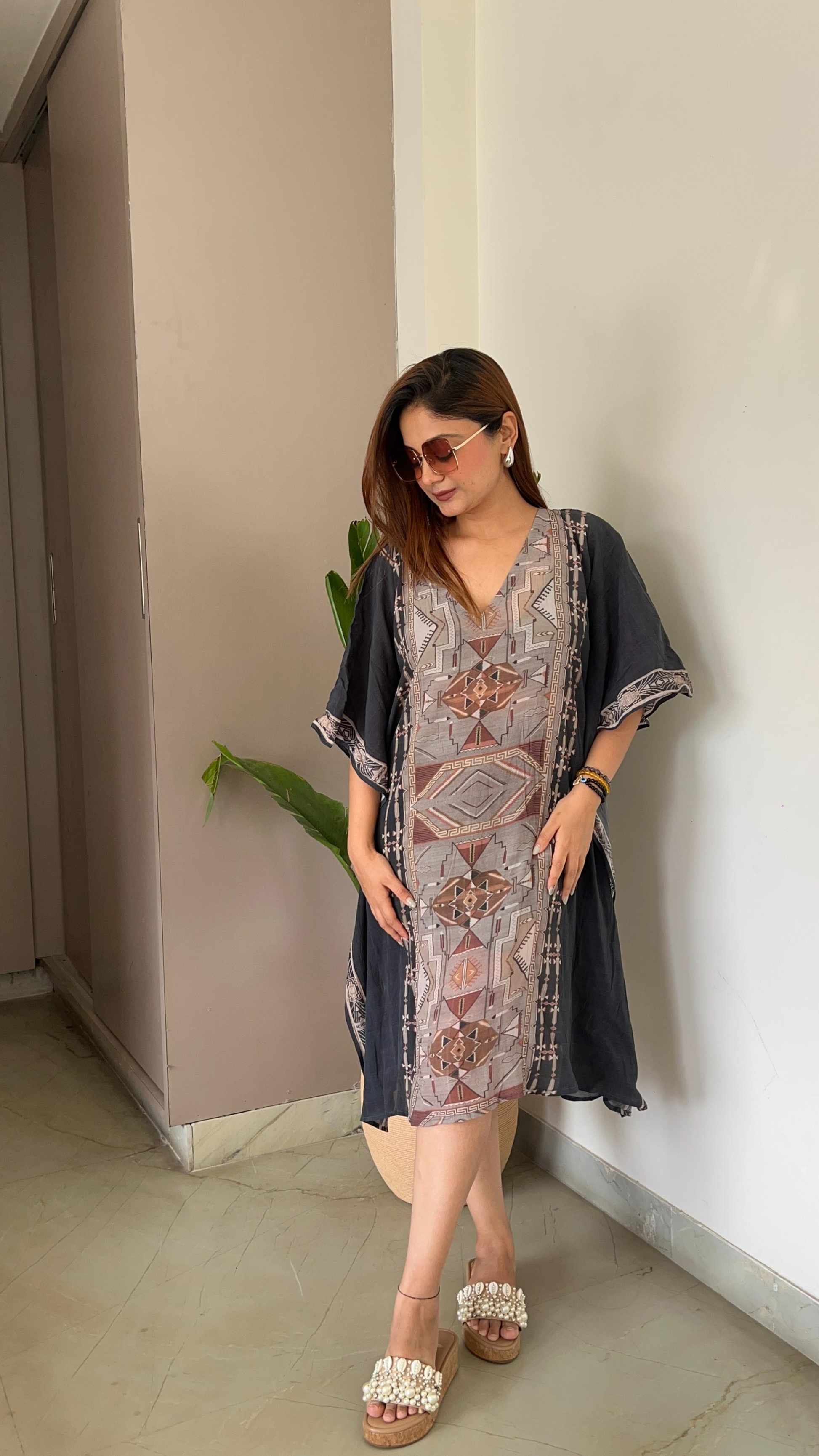 Noroke Cupro Crepe Kaftan Dress - Printed | Swadesiicart