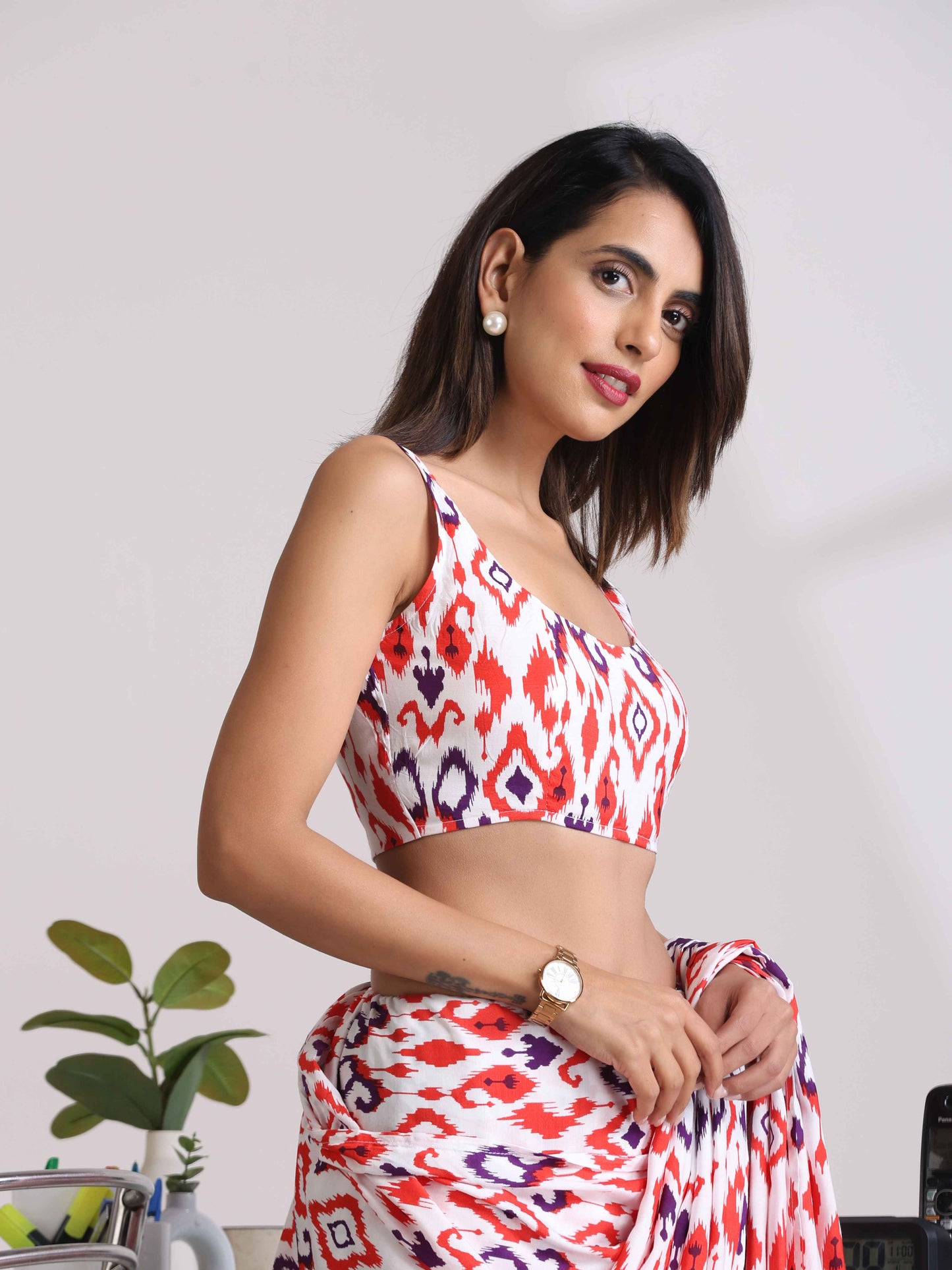 trueBrowns Carrot Muslin Ikat Sleeveless Blouse | Swadesiicart